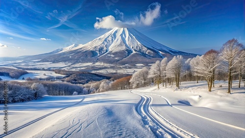 Off-piste skiing area on Mount Niseko Annupuri with fresh ski tracks , Niseko, Hokkaido, Japan, off-piste photo