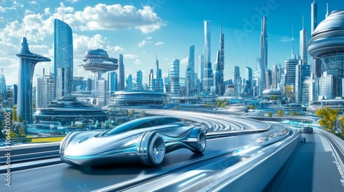 The future of transport is Futuristic silver car driving in cityscape with skyscrapers, highway, and photo