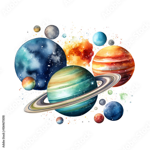 Planets in watercolor, png space, stars in the universe, solar system on transparent and white background
