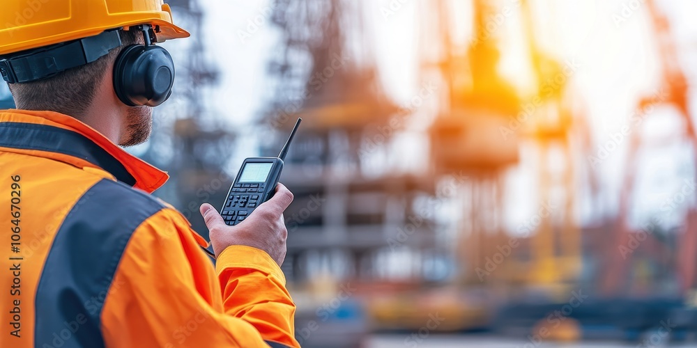 Man in safety gear using a walkie-talkie at a construction site. Man in safety gear using a walkie-talkie at a construction site.