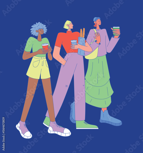 Series of illustrations featuring young Women holding Coffee Cups. Characters of various Races in full-length, standing poses, dressed in different Outfits. The setting includes people walking or stan