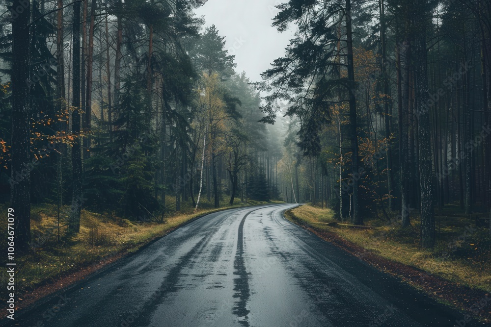 Fototapeta premium Curving road through a foggy forest capturing the serene beauty of nature and landscape photography.