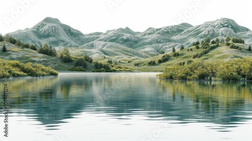 Calm lake reflecting rolling green hills and lush trees. AI generative. .