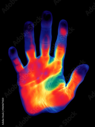 infrared thermographic hand. thermal handprint isolated. hand heat map. hand digital scanner. thermal hand. palm heat map. hand thermal map. Digital identification. Isolated.