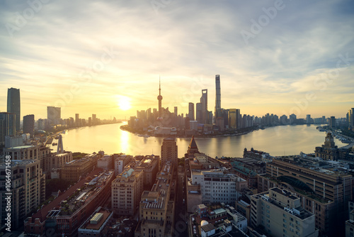 Photography Urban skyline and cityscape at sunrise in Shanghai China.