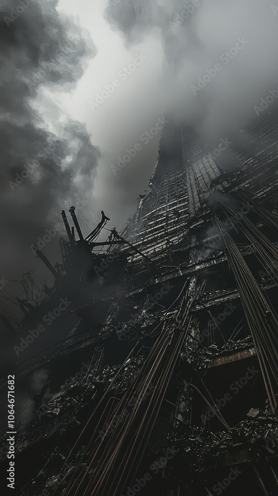 Fototapeta premium Collapsed Skyscraper With Twisted Metal and Exposed Structure