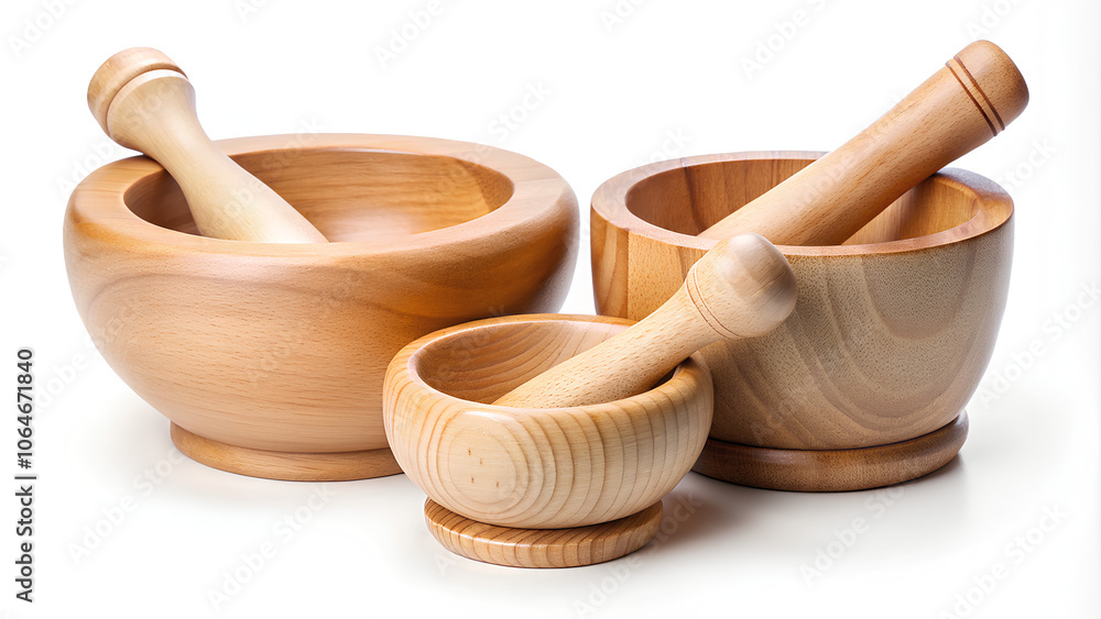 Set of Wooden Mortar and Wooden pestle on isolated on white background, Clipping path Set of Wooden Mortar and Wooden pestle on isolated on white background, Clipping path