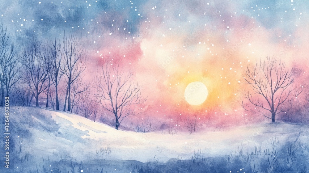 Fototapeta premium Serene Winter Sunset Landscape with Snowy Trees. Winter Solstice