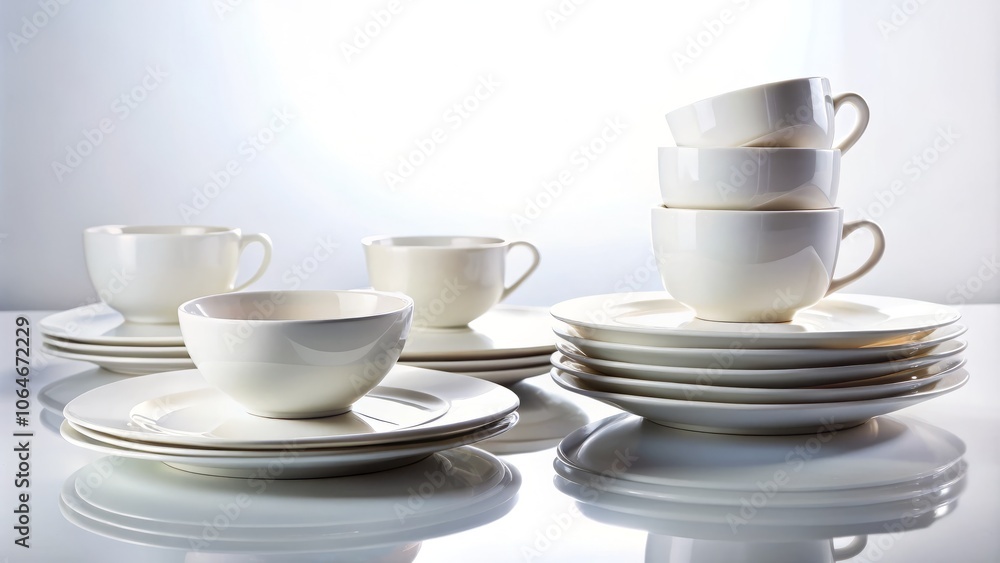 Clean and Polished Plates and Cups Isolated on a White Background for Minimalist Aesthetic and Culinary Presentation Clean and Polished Plates and Cups Isolated on a White Background for Minimalist Aesthetic and Culinary Presentation