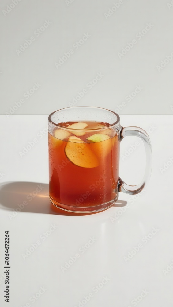Refreshing beverage with apple slices in a clear glass mug. Refreshing beverage with apple slices in a clear glass mug.