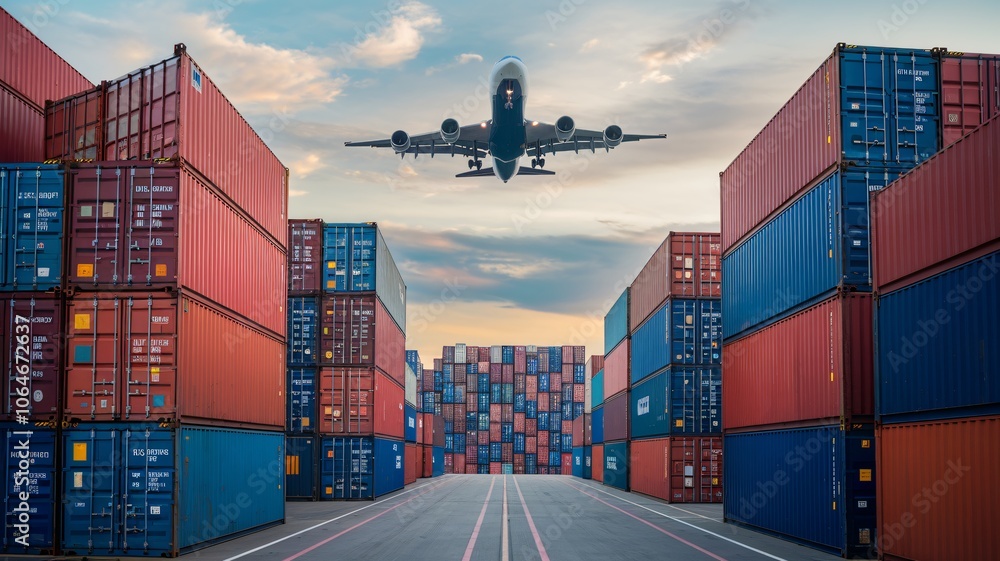 Fototapeta premium Airplanes and containers represent air transport and international trade.