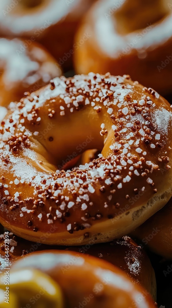 Freshly Baked Pretzels with Coarse Salt Close-Up Freshly Baked Pretzels with Coarse Salt Close-Up