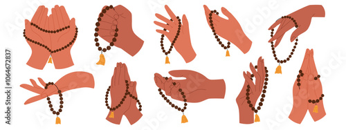 Set of hand drawn hands holding Muslim rosary beads. Vector illustration