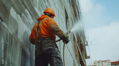 Construction worker using high pressure water jet to clean building facade effectively