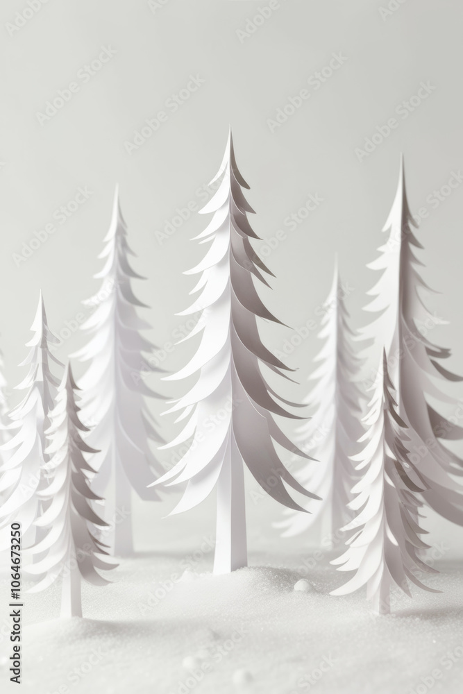 Obraz premium Snowy woodland scene in delicate white paper art style. Perfect for seasonal and holiday themes