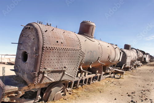 The train cemetery on Salar de Uyuni or salt desert of Uyuni, Bolivia, South America