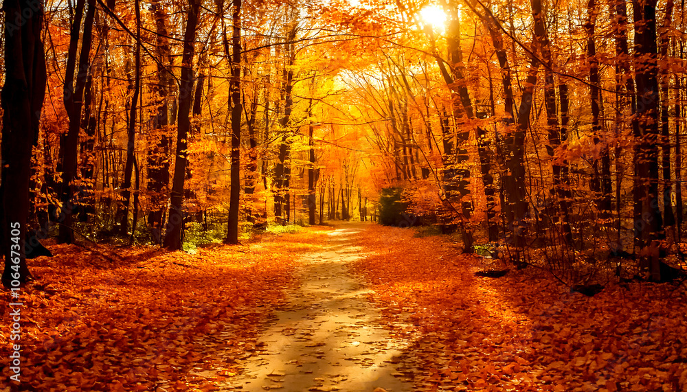 A beautiful path in the autumn sunny forest, on the path autumn leaves A beautiful path in the autumn sunny forest, on the path autumn leaves