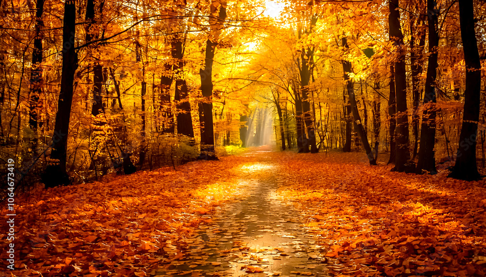 A beautiful path in the autumn sunny forest, on the path autumn leaves A beautiful path in the autumn sunny forest, on the path autumn leaves