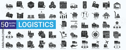 Logistics icon set with cargo ship, purchasing, business, goods, consumption, customer, corporation, inventory, supplier and transportation