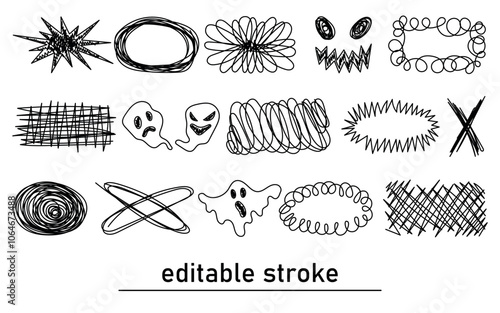 Panic attack symbols. Anxiety and depression. Tangled, disordered thoughts, chaos, fear. Stress scribbles. Psychology, treatment, medical practice.