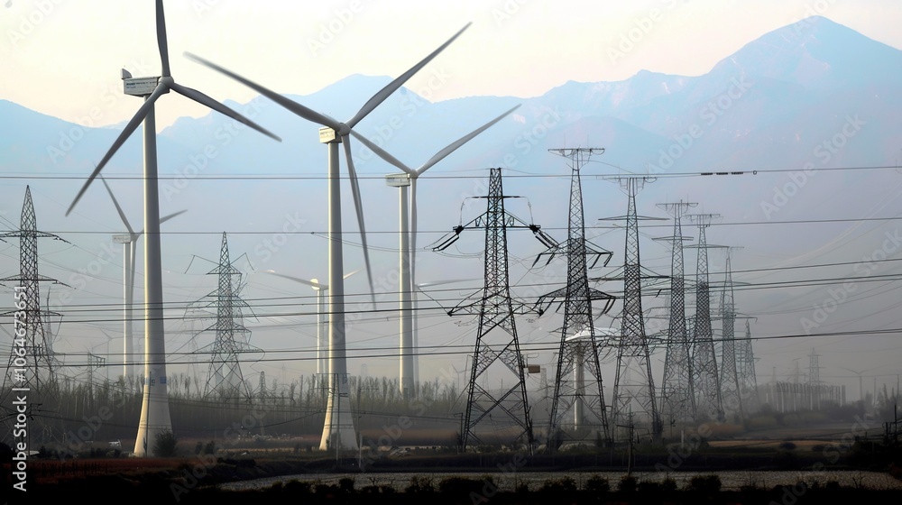Wind power plant and technology. Smart grid. Renewable energy. Sustainable resources Wind power plant and technology. Smart grid. Renewable energy. Sustainable resources