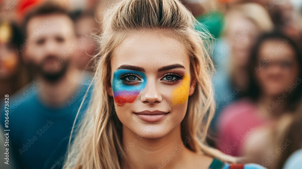 Determined Young Woman in Crowd with Face Paint Determined Young Woman in Crowd with Face Paint