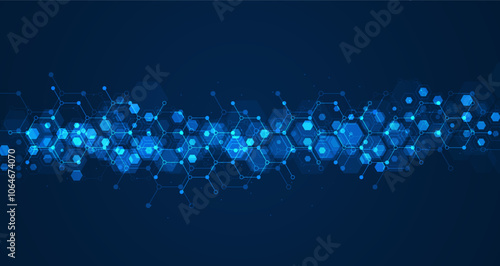 Hexagons pattern on blue background. Genetic research, molecular structure. Chemical engineering. Concept of innovation technology. Used for design healthcare, science and medicine background