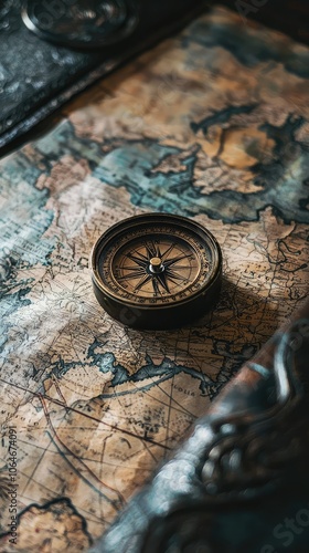 Vintage Compass on Weathered Map Close-Up