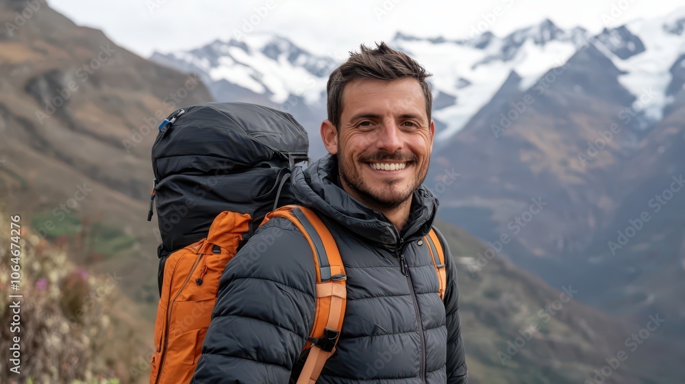 Smiling man with backpack enjoying a scenic hike in nature, embracing adventure and the great outdoors.