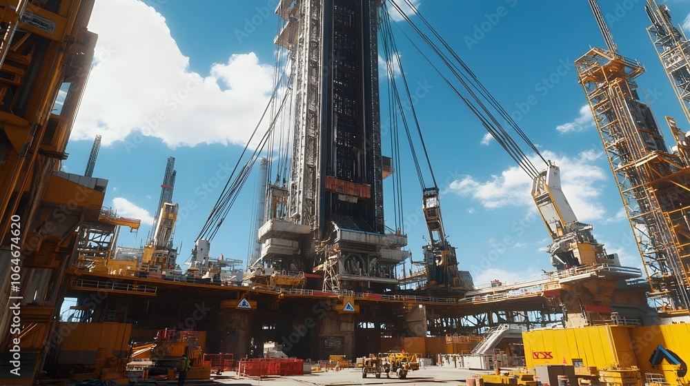 Futuristic Megascale Space Elevator Construction Site with Towering Steel Cables and Counterweight Assemblies Futuristic Megascale Space Elevator Construction Site with Towering Steel Cables and Counterweight Assemblies