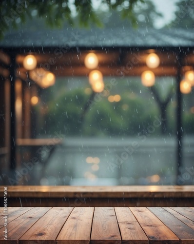 Rainy on empty wooden table background, for product placement and advertising, space for text photo