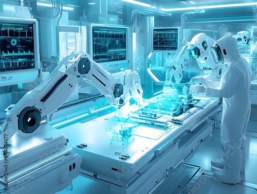 Robotic Biomedical Manufacturing Facility with Futuristic Holographic Imaging Systems photo