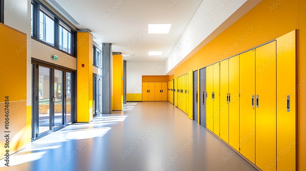 Fototapeta premium Bright Yellow Hallway with Lockers and Windows
