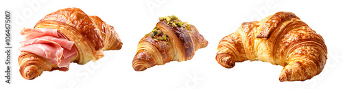 A flaky croissant filled with ham isolated on white transparent background, perfect for a savory breakfast or brunch photo