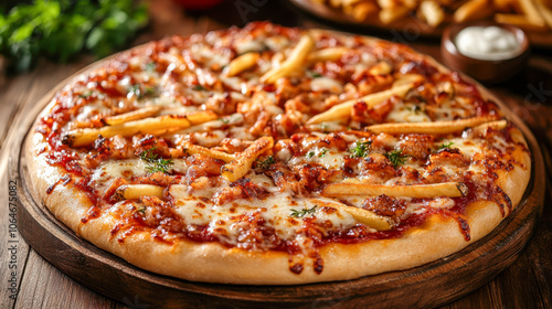 Gourmet pizza topped with fries, cheese, and herbs on wooden platter