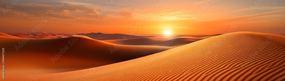 Sunset Over Sandy Desert Dunes with a Golden Sky Sunset Over Sandy Desert Dunes with a Golden Sky