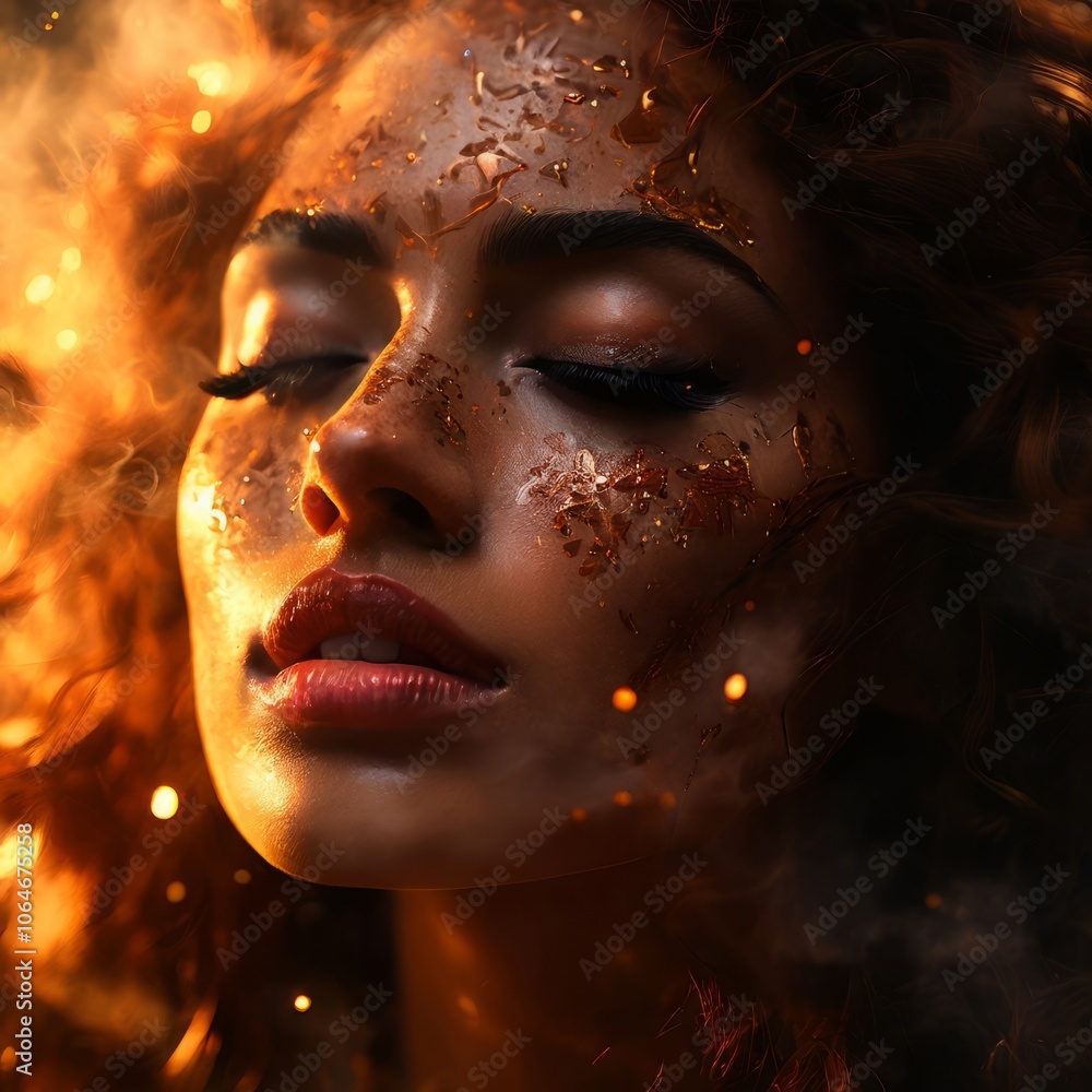 Beautiful girl with closed eyes in fiery light Beautiful girl with closed eyes in fiery light