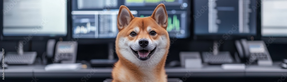 A cheerful Shiba Inu dog sits at a desk, looking at the camera, with a backdrop of computers displaying digital data. A cheerful Shiba Inu dog sits at a desk, looking at the camera, with a backdrop of computers displaying digital data.
