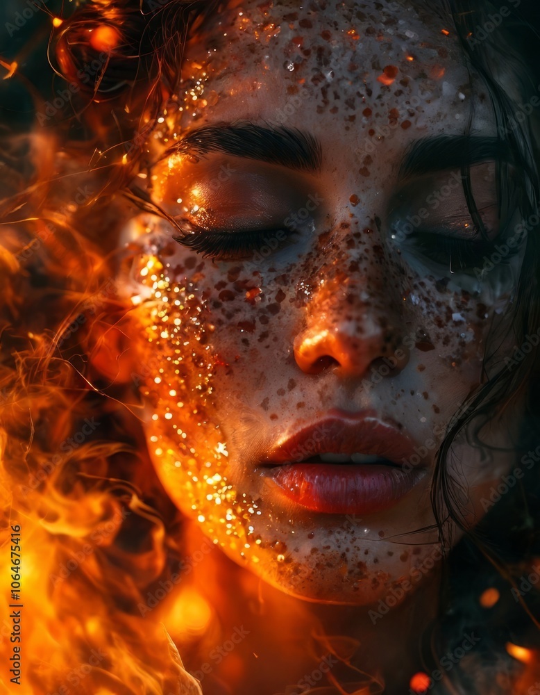 Beautiful girl with closed eyes in fiery light Beautiful girl with closed eyes in fiery light