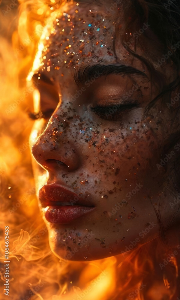 Beautiful girl with closed eyes in fiery light Beautiful girl with closed eyes in fiery light