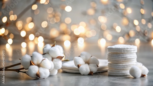 Close-Up of Clean Cotton Pads and Swabs on a Grey Table with Bokeh Effect, Perfect for Beauty and Hygiene Stock Photos photo