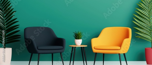 A vibrant interior scene featuring a teal wall, two stylish chairs—one black and one yellow—surrounded by greenery and a small table with a potted plant.