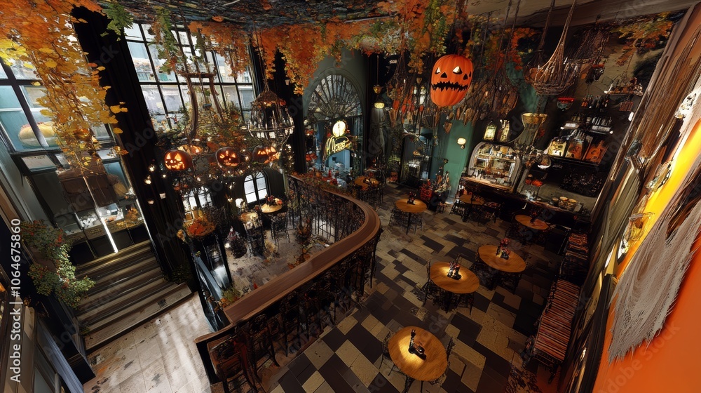 A 3D image shows the inside of a cafe decorated for Halloween. You can see the whole space from above, like a bird's eye view. A 3D image shows the inside of a cafe decorated for Halloween. You can see the whole space from above, like a bird's eye view.