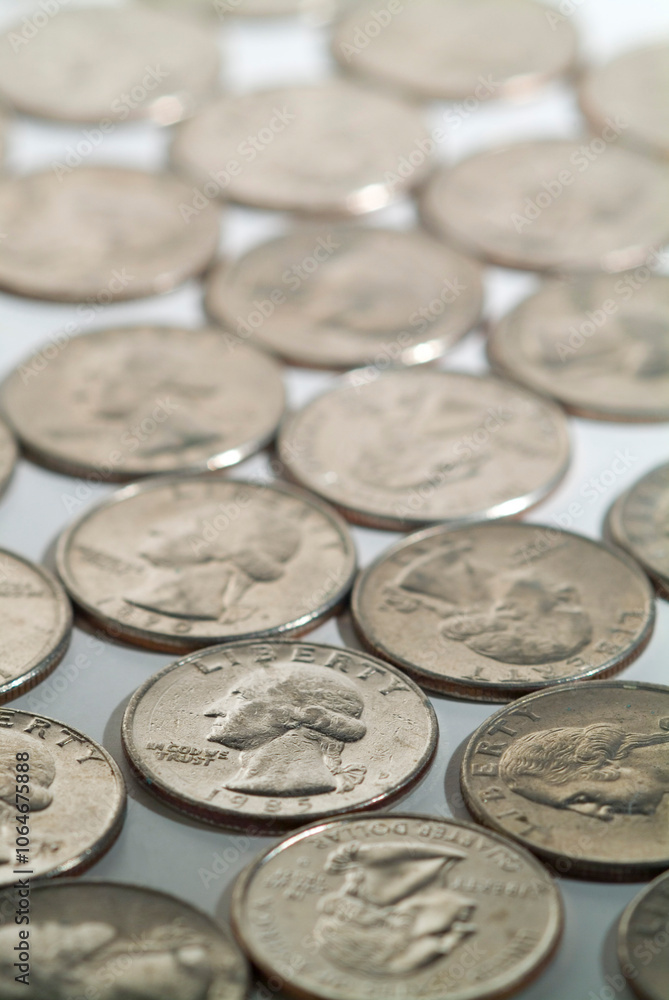 High angle close up of US quarters. High angle close up of US quarters.