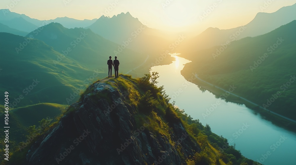 Two people stand on a cliff, viewing a serene sunrise over a winding river and misty mountains. Two people stand on a cliff, viewing a serene sunrise over a winding river and misty mountains.