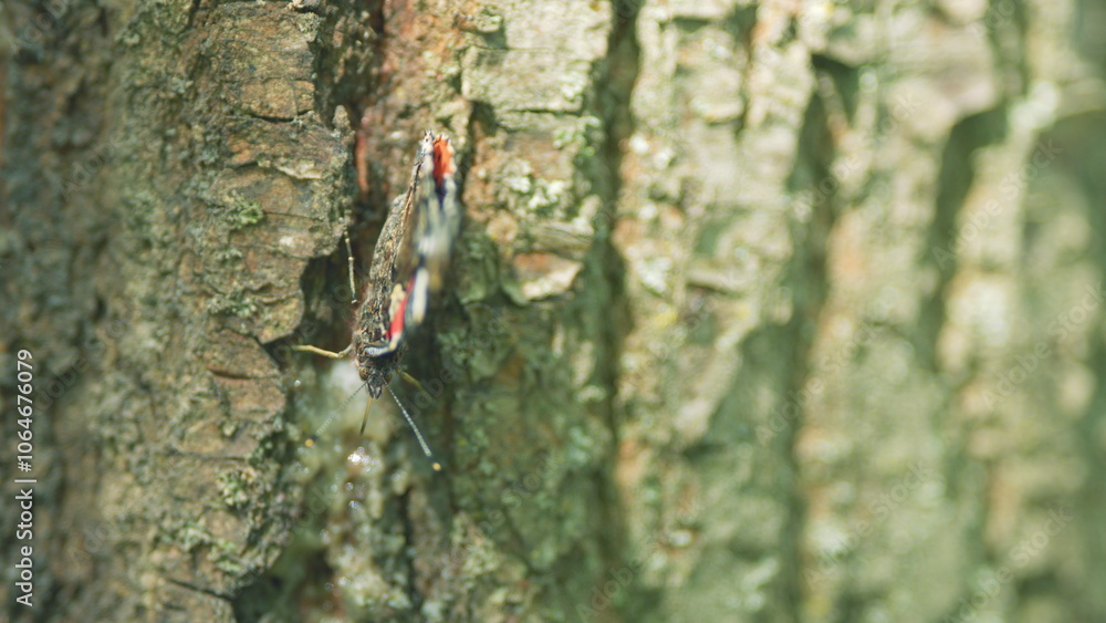 Fototapeta premium Pretty. Butterfly red admiral on the tree bark. Butterfly on tree trunk in summer forest. Close up.