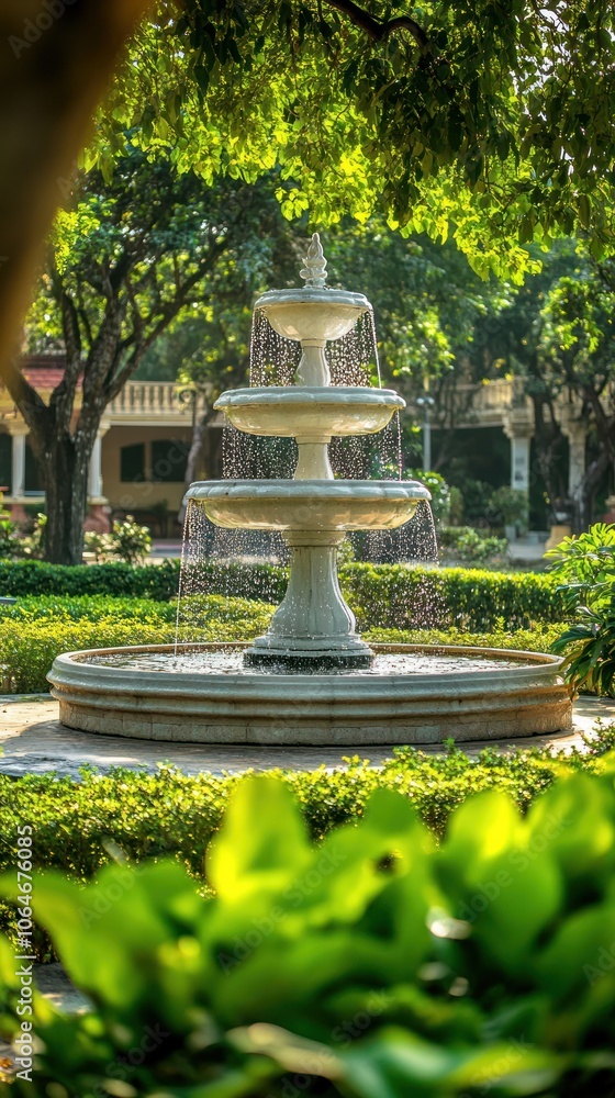 A serene fountain surrounded by lush greenery in a tranquil park setting. A serene fountain surrounded by lush greenery in a tranquil park setting.