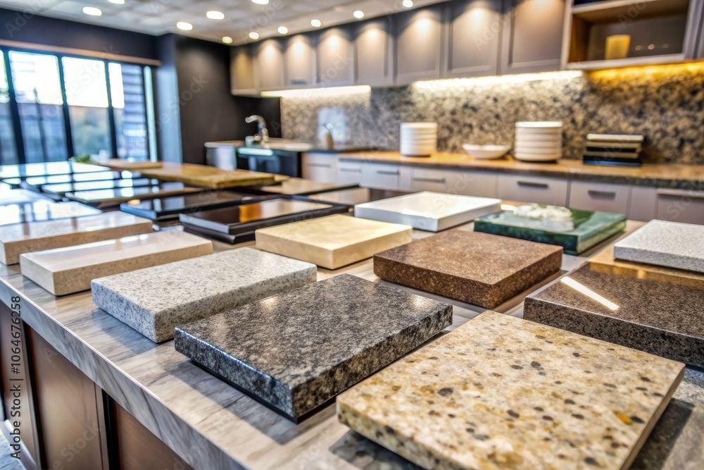Close-Up of Kitchen Countertop Samples Showcasing a Variety of Textures, Colors, and Finishes for Modern Interior Design and Renovation Projects Close-Up of Kitchen Countertop Samples Showcasing a Variety of Textures, Colors, and Finishes for Modern Interior Design and Renovation Projects