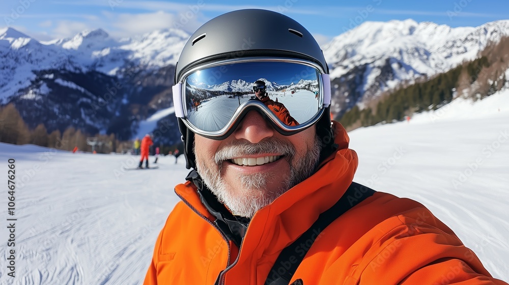 A happy skier in bright gear smiles on the slopes with picturesque snowy mountains in the background, capturing winter adventure. A happy skier in bright gear smiles on the slopes with picturesque snowy mountains in the background, capturing winter adventure.
