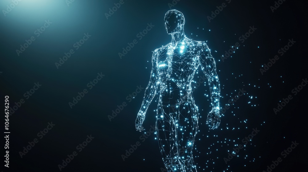 Human figure composed of glowing lines and dots representing an abstract digital human concept. Human figure composed of glowing lines and dots representing an abstract digital human concept.